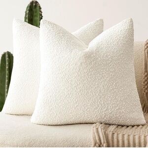 Set of 2, Decorative Textured Boucle Throw Pillow Covers Solid White 16x16
